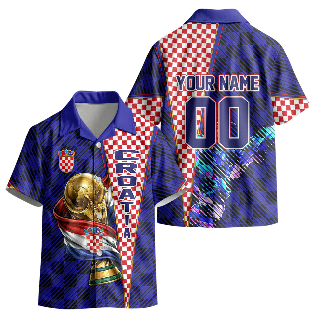 Personalized Croatia Football Kid Hawaiian Shirt Checkerboard Graphic - Golden Champion Trophy And Flag