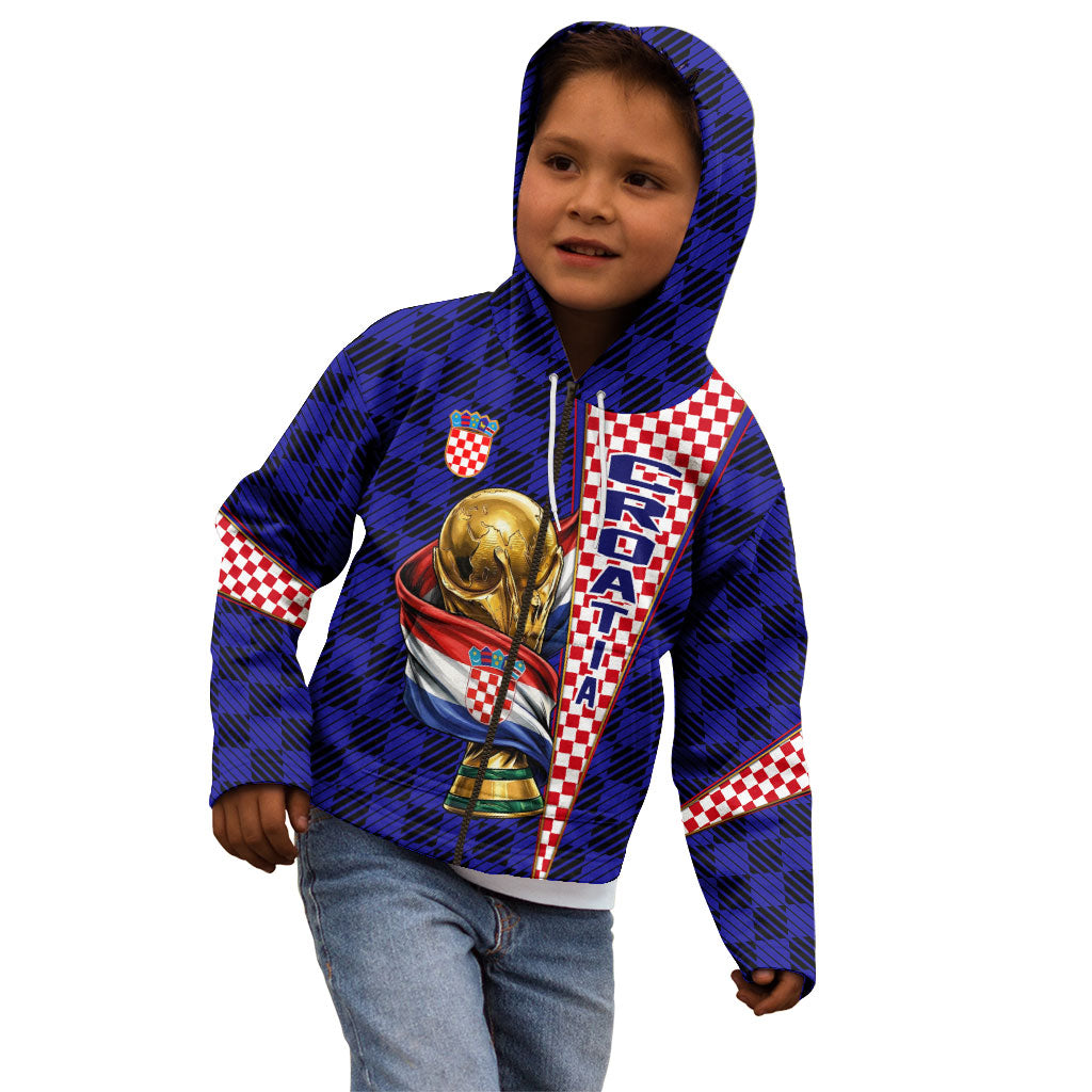 Personalized Croatia Football Kid Hoodie Checkerboard Graphic - Golden Champion Trophy And Flag