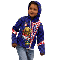 Personalized Croatia Football Kid Hoodie Checkerboard Graphic - Golden Champion Trophy And Flag