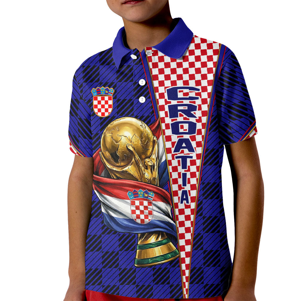 Personalized Croatia Football Kid Polo Shirt Checkerboard Graphic - Golden Champion Trophy And Flag