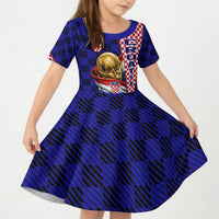 Personalized Croatia Football Kid Short Sleeve Dress Checkerboard Graphic - Golden Champion Trophy And Flag