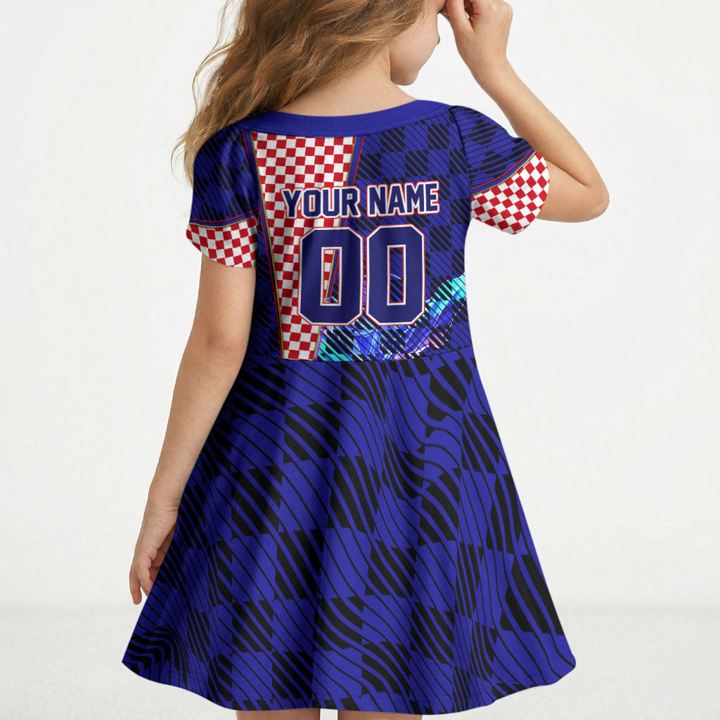 Personalized Croatia Football Kid Short Sleeve Dress Checkerboard Graphic - Golden Champion Trophy And Flag