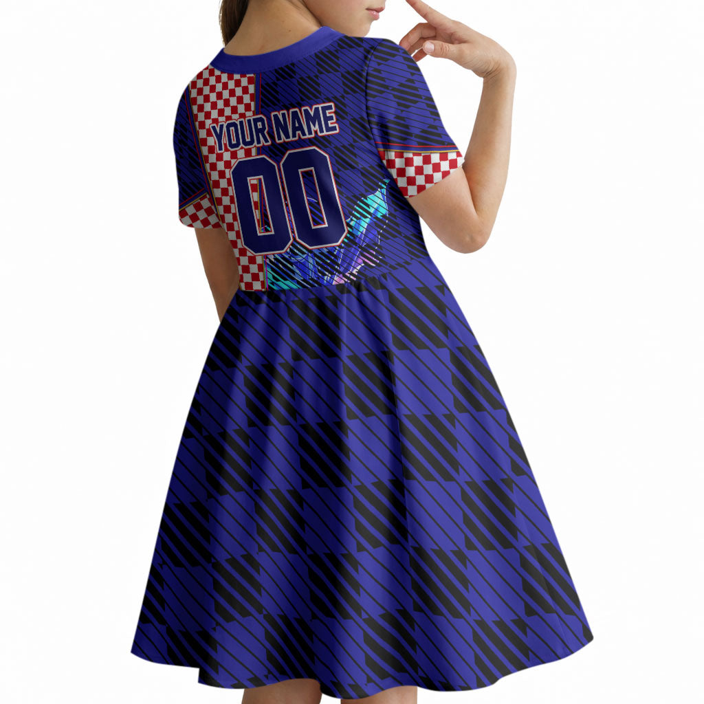 Personalized Croatia Football Kid Short Sleeve Dress Checkerboard Graphic - Golden Champion Trophy And Flag