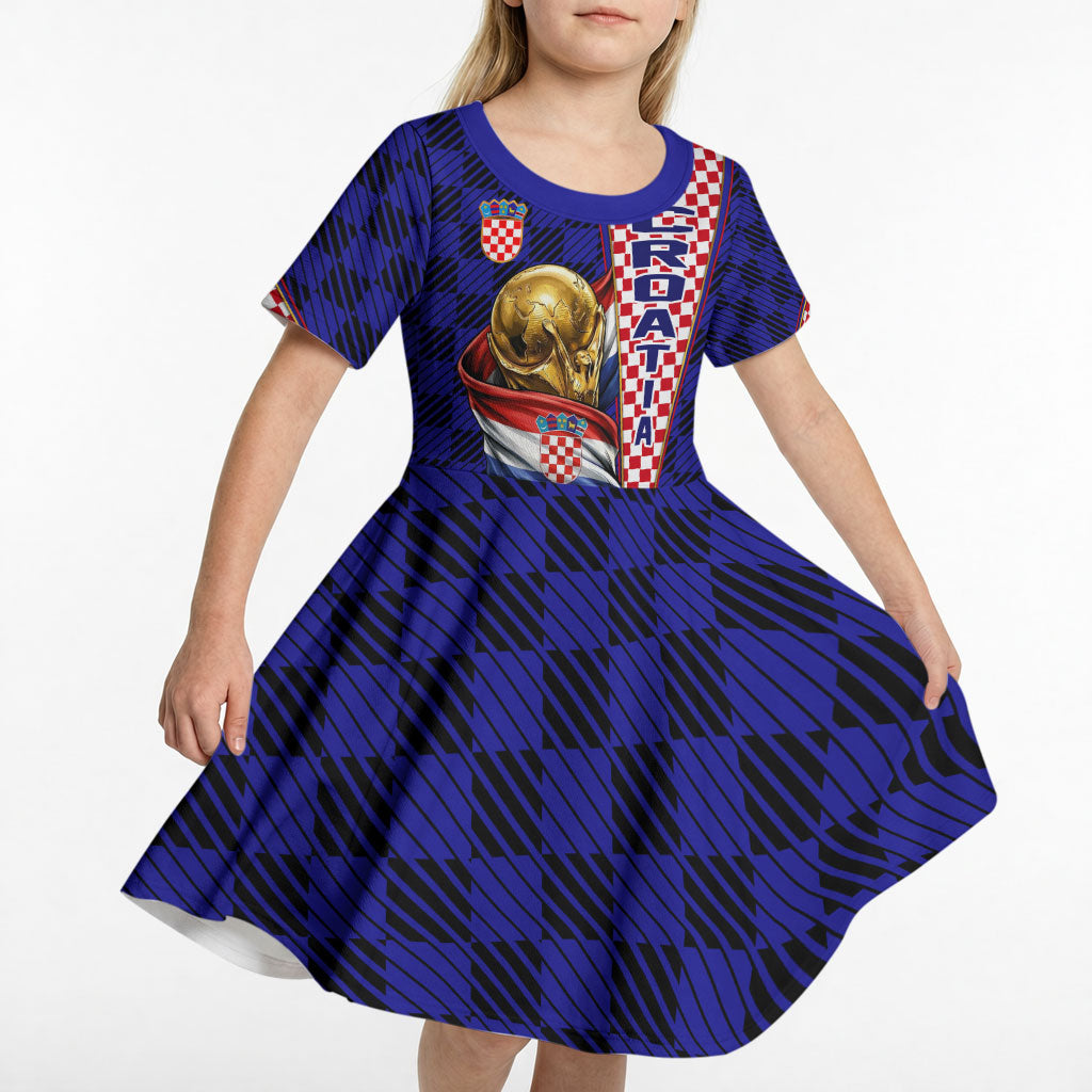 Personalized Croatia Football Kid Short Sleeve Dress Checkerboard Graphic - Golden Champion Trophy And Flag