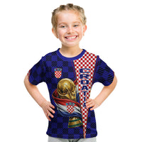 Personalized Croatia Football Kid T Shirt Checkerboard Graphic - Golden Champion Trophy And Flag