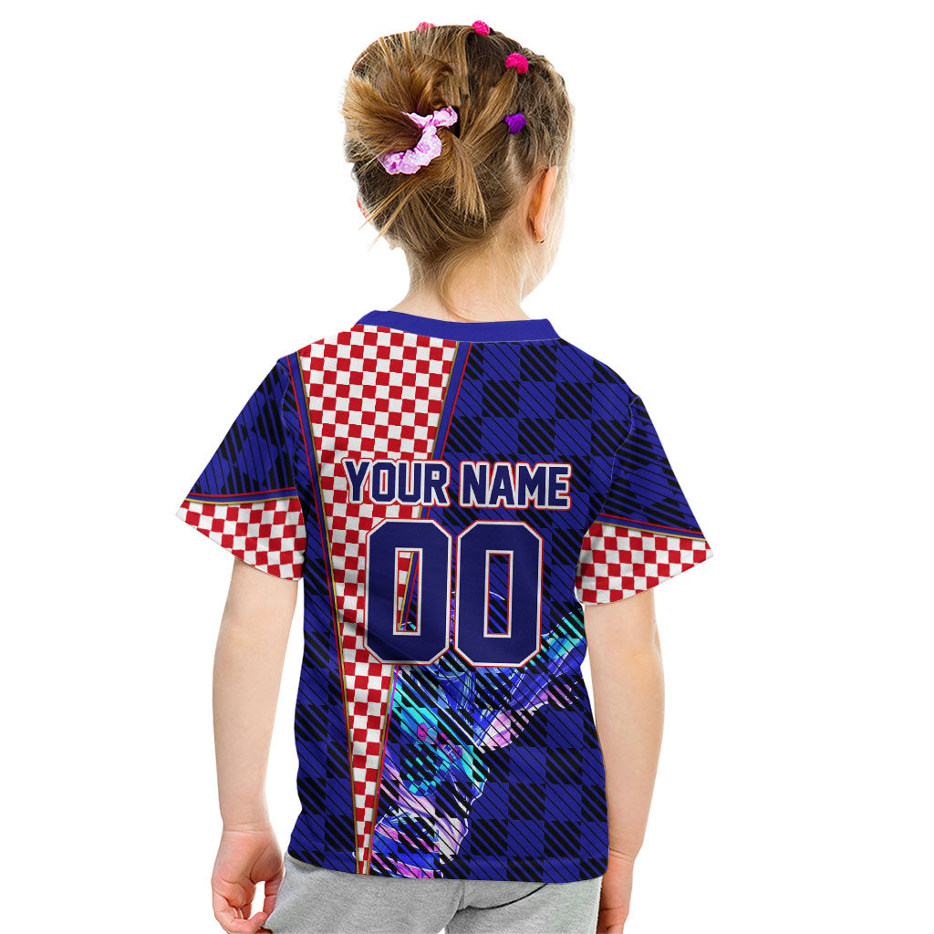 Personalized Croatia Football Kid T Shirt Checkerboard Graphic - Golden Champion Trophy And Flag