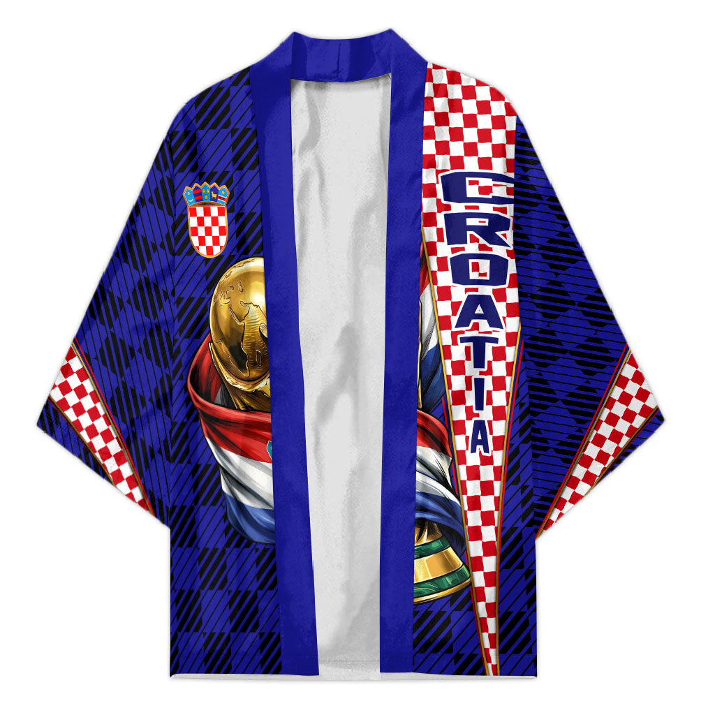 Personalized Croatia Football Kimono Checkerboard Graphic - Golden Champion Trophy And Flag