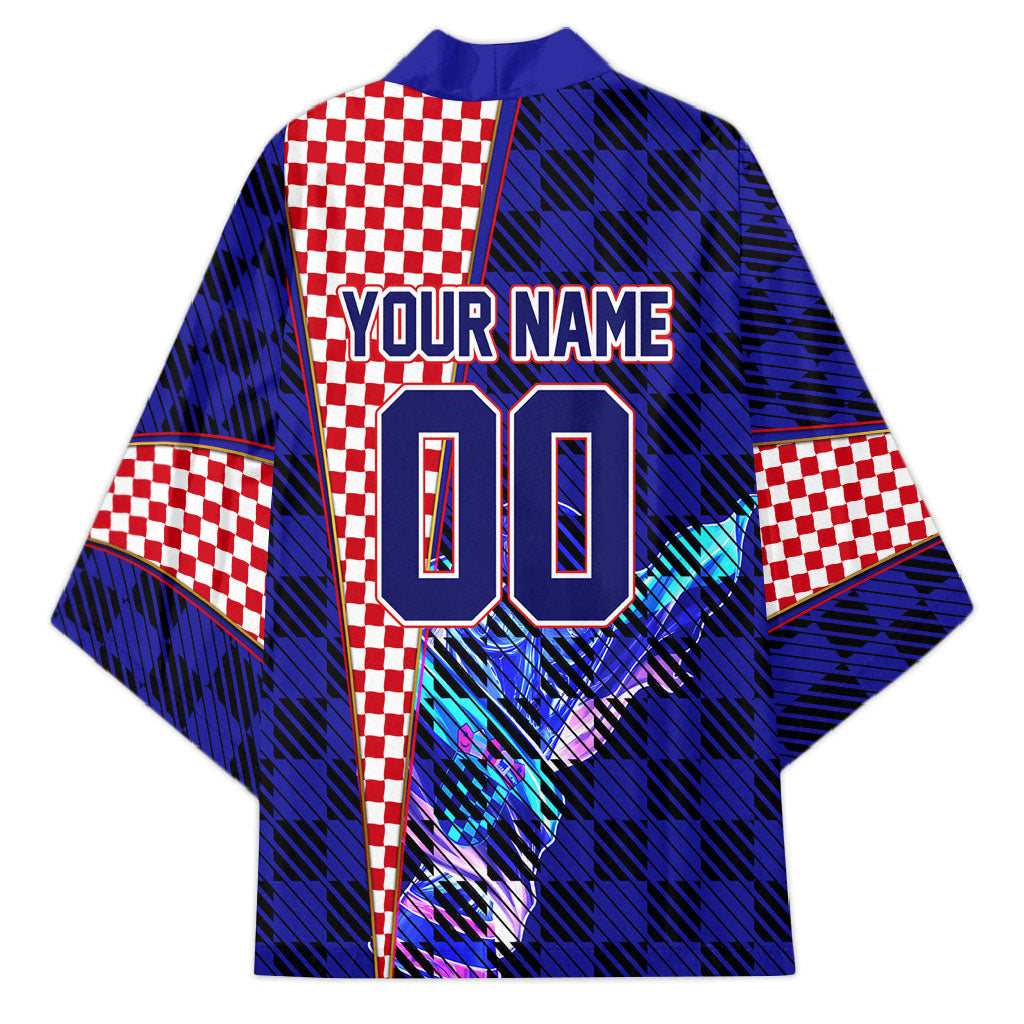 Personalized Croatia Football Kimono Checkerboard Graphic - Golden Champion Trophy And Flag