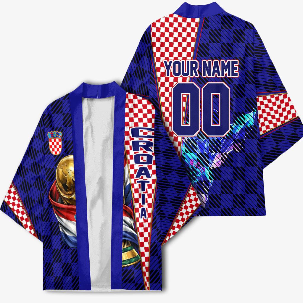 Personalized Croatia Football Kimono Checkerboard Graphic - Golden Champion Trophy And Flag