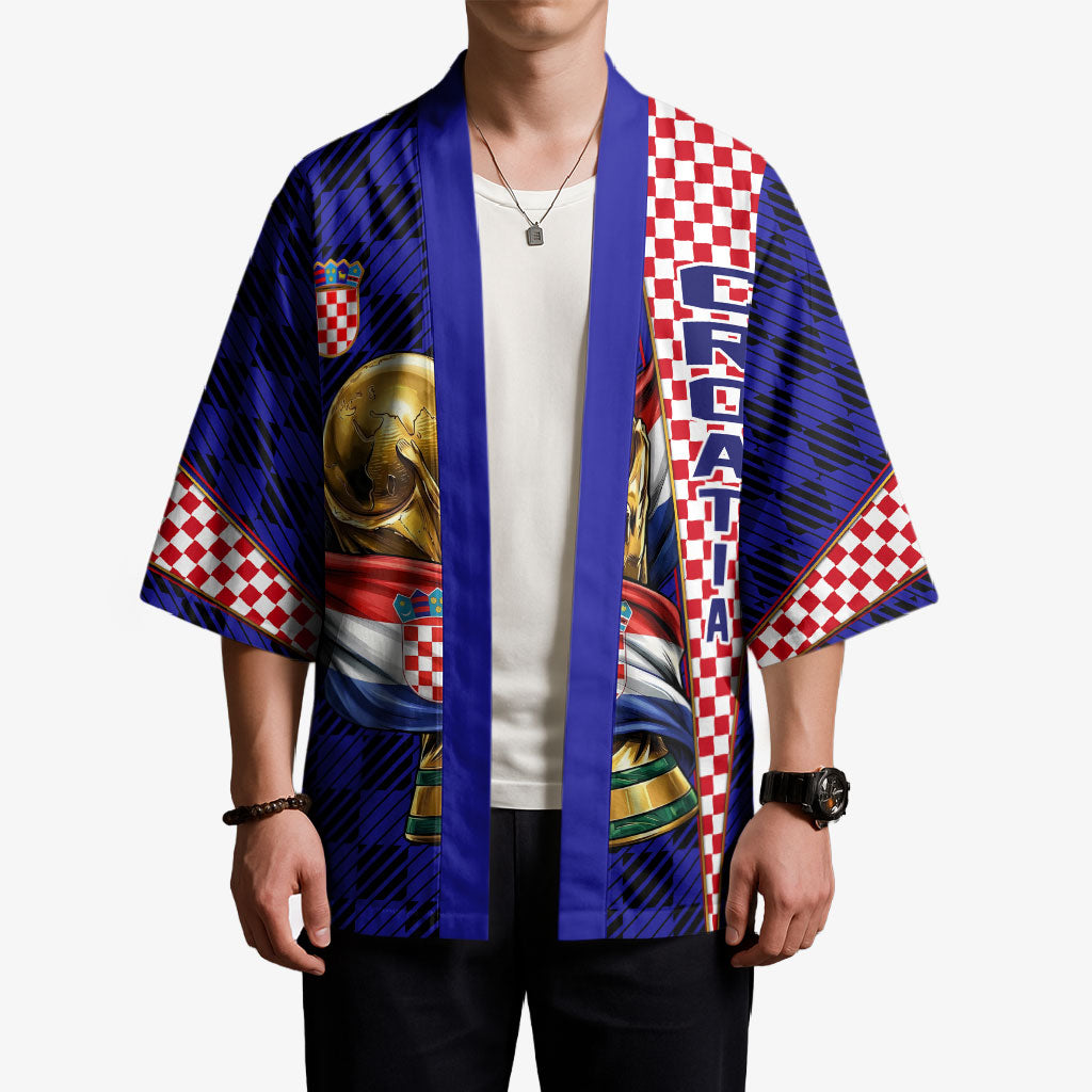 Personalized Croatia Football Kimono Checkerboard Graphic - Golden Champion Trophy And Flag