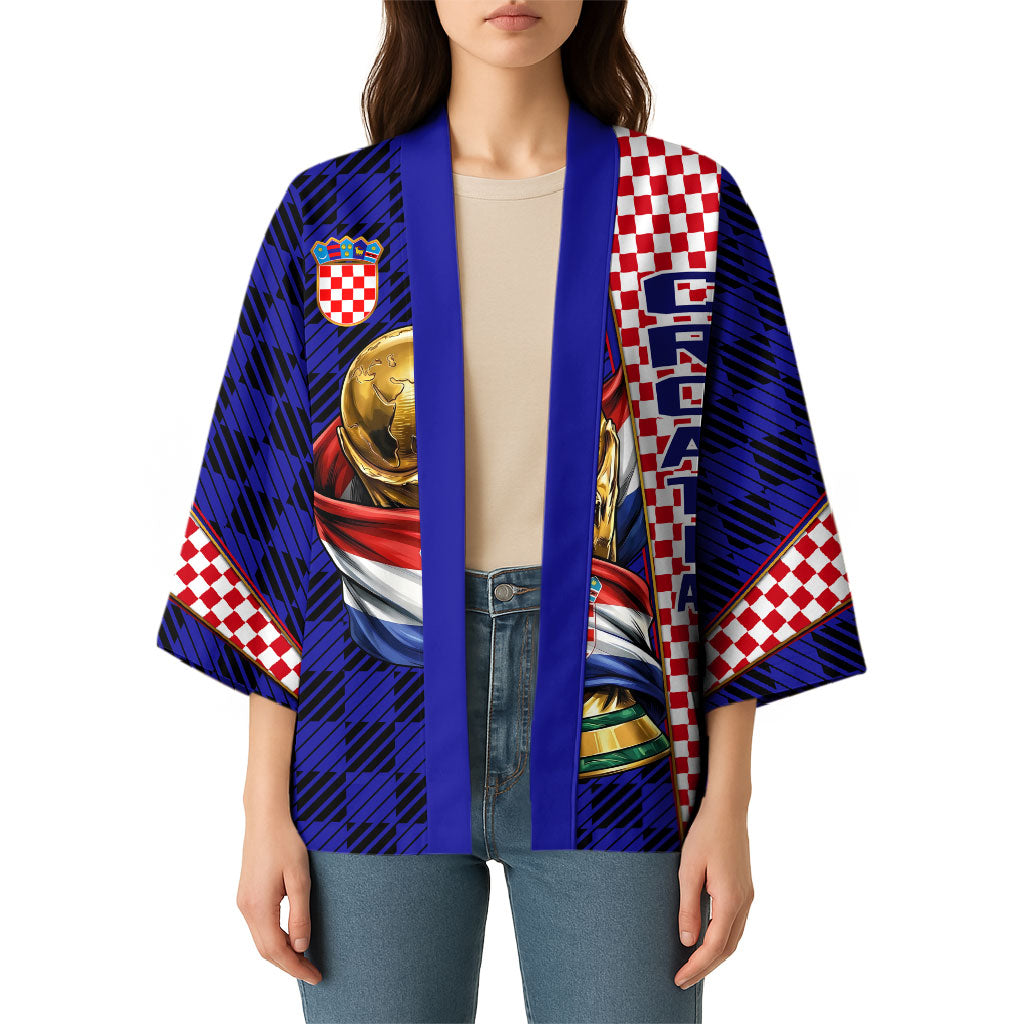 Personalized Croatia Football Kimono Checkerboard Graphic - Golden Champion Trophy And Flag