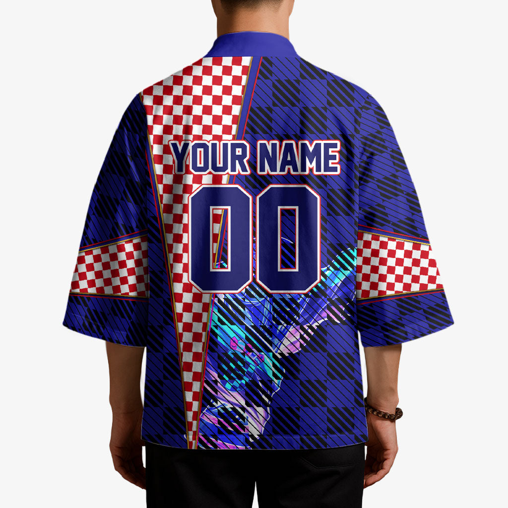 Personalized Croatia Football Kimono Checkerboard Graphic - Golden Champion Trophy And Flag