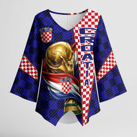 Personalized Croatia Football Kimono Sleeve Blouse Checkerboard Graphic - Golden Champion Trophy And Flag