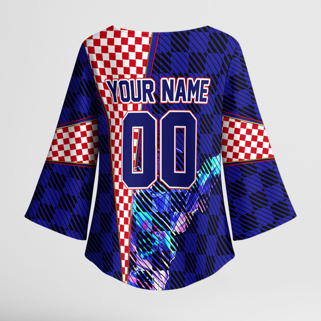 Personalized Croatia Football Kimono Sleeve Blouse Checkerboard Graphic - Golden Champion Trophy And Flag