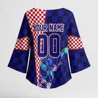 Personalized Croatia Football Kimono Sleeve Blouse Checkerboard Graphic - Golden Champion Trophy And Flag