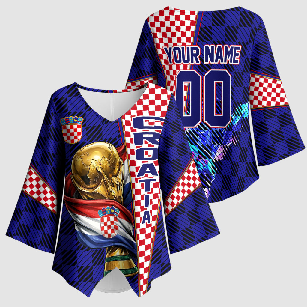 Personalized Croatia Football Kimono Sleeve Blouse Checkerboard Graphic - Golden Champion Trophy And Flag
