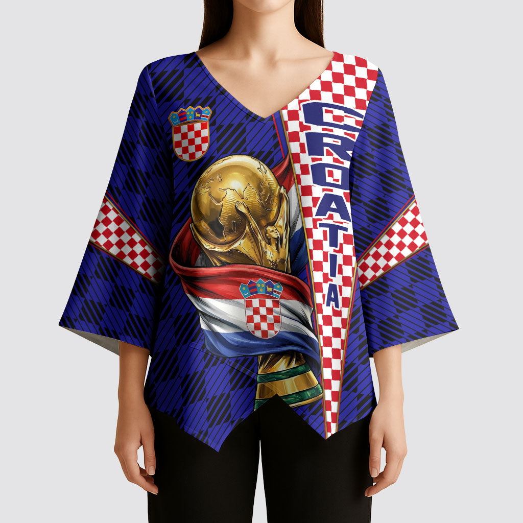 Personalized Croatia Football Kimono Sleeve Blouse Checkerboard Graphic - Golden Champion Trophy And Flag