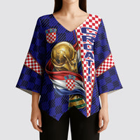 Personalized Croatia Football Kimono Sleeve Blouse Checkerboard Graphic - Golden Champion Trophy And Flag