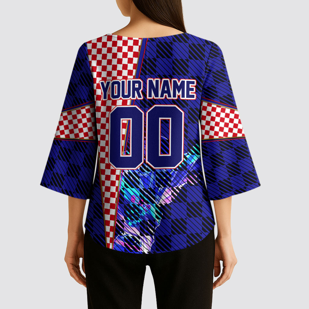 Personalized Croatia Football Kimono Sleeve Blouse Checkerboard Graphic - Golden Champion Trophy And Flag