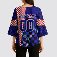 Personalized Croatia Football Kimono Sleeve Blouse Checkerboard Graphic - Golden Champion Trophy And Flag