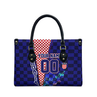 Personalized Croatia Football Leather Bag Checkerboard Graphic - Golden Champion Trophy And Flag