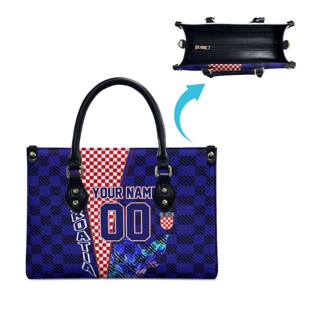 Personalized Croatia Football Leather Bag Checkerboard Graphic - Golden Champion Trophy And Flag