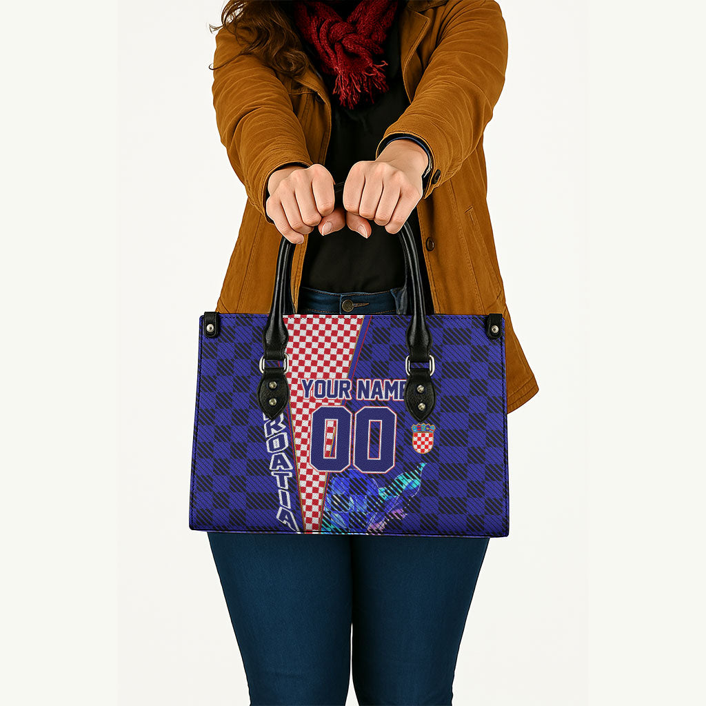 Personalized Croatia Football Leather Bag Checkerboard Graphic - Golden Champion Trophy And Flag