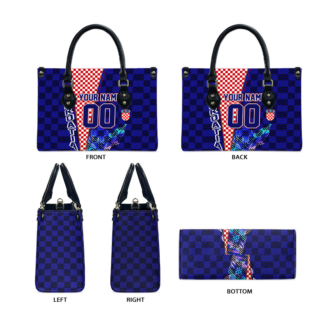 Personalized Croatia Football Leather Bag Checkerboard Graphic - Golden Champion Trophy And Flag