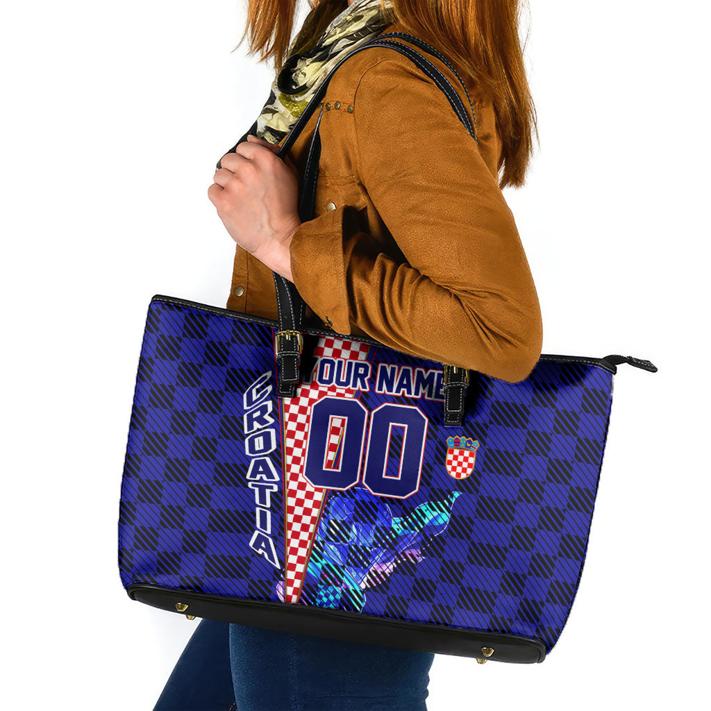 Personalized Croatia Football Leather Tote Bag Checkerboard Graphic - Golden Champion Trophy And Flag
