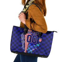 Personalized Croatia Football Leather Tote Bag Checkerboard Graphic - Golden Champion Trophy And Flag