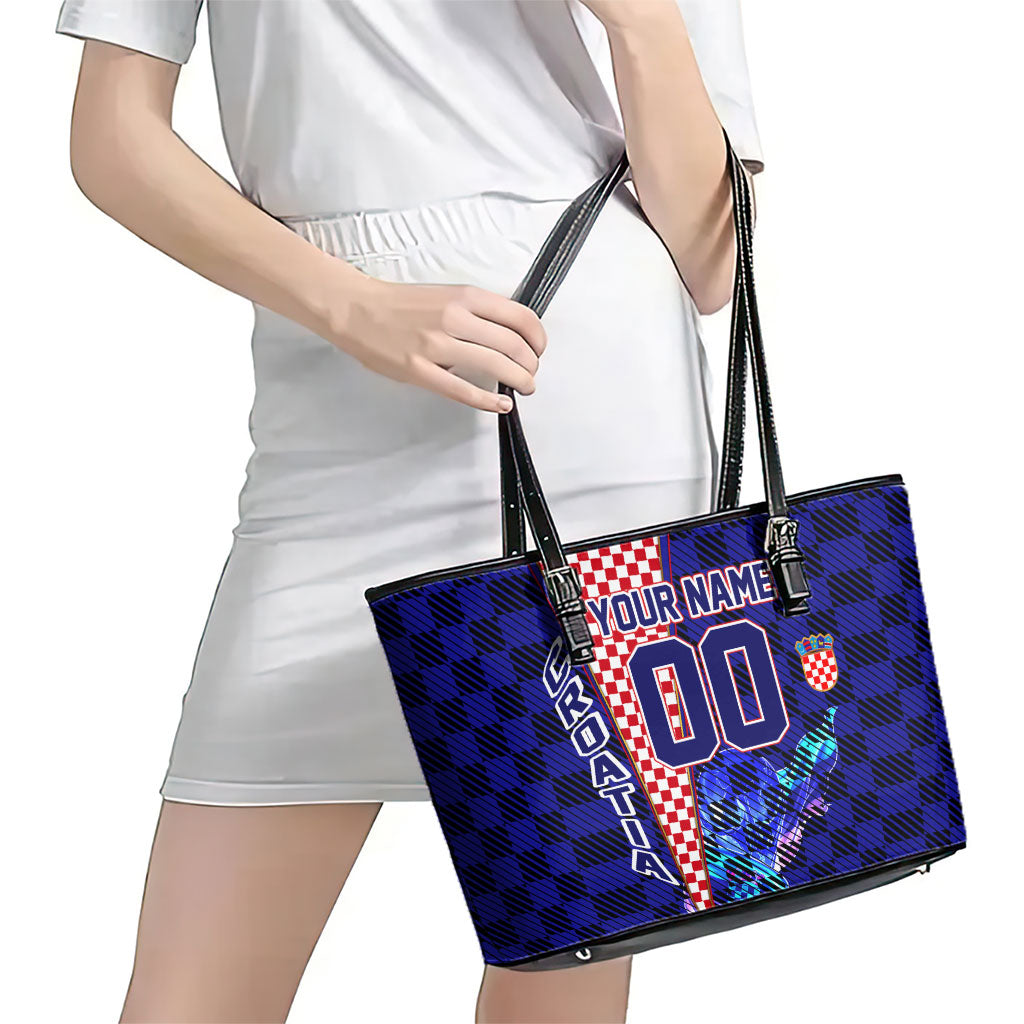 Personalized Croatia Football Leather Tote Bag Checkerboard Graphic - Golden Champion Trophy And Flag