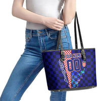 Personalized Croatia Football Leather Tote Bag Checkerboard Graphic - Golden Champion Trophy And Flag