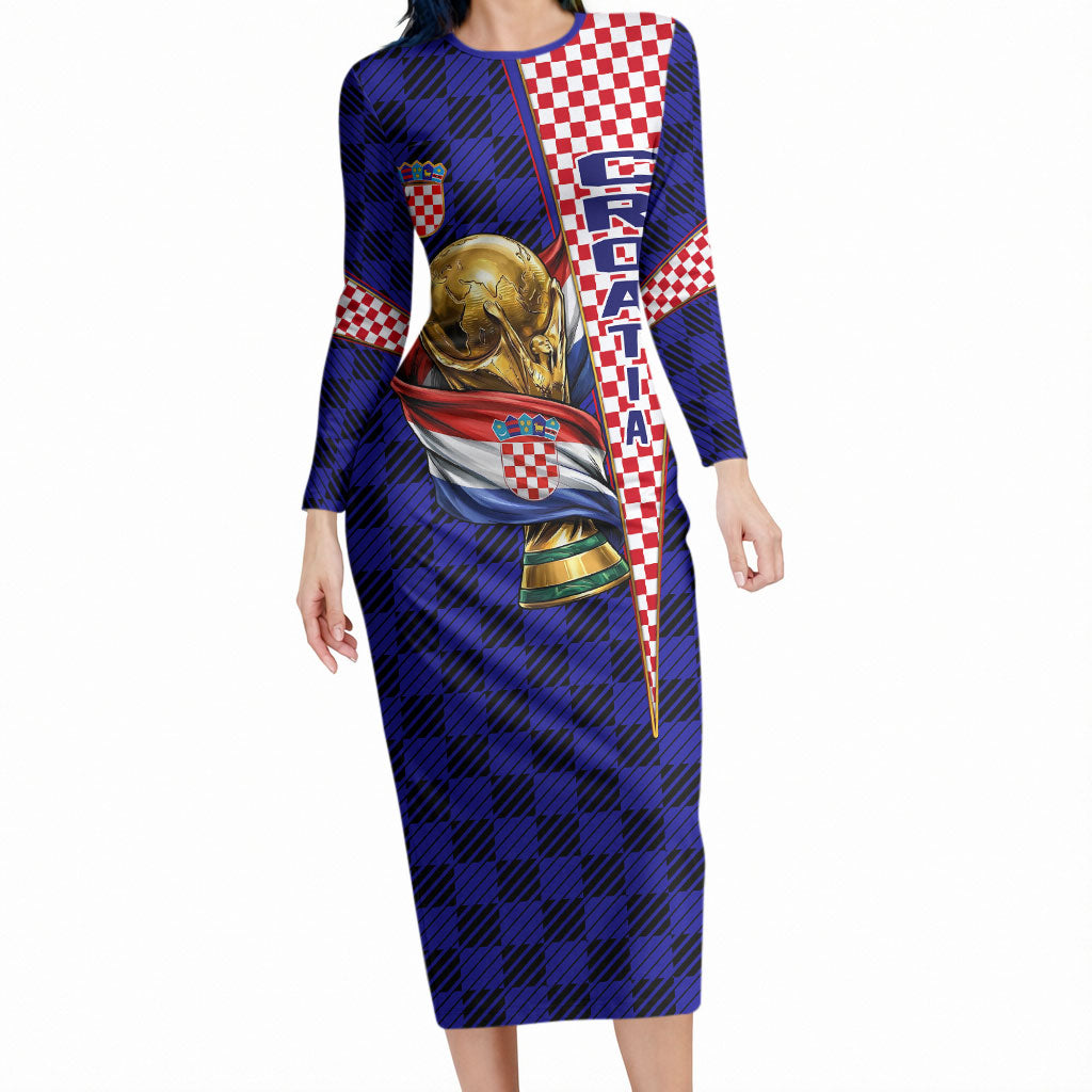 Personalized Croatia Football Long Sleeve Bodycon Dress Checkerboard Graphic - Golden Champion Trophy And Flag