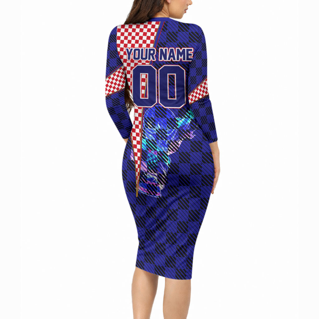 Personalized Croatia Football Long Sleeve Bodycon Dress Checkerboard Graphic - Golden Champion Trophy And Flag