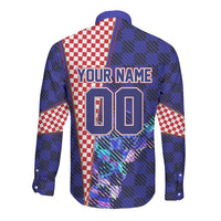 Personalized Croatia Football Long Sleeve Button Shirt Checkerboard Graphic - Golden Champion Trophy And Flag
