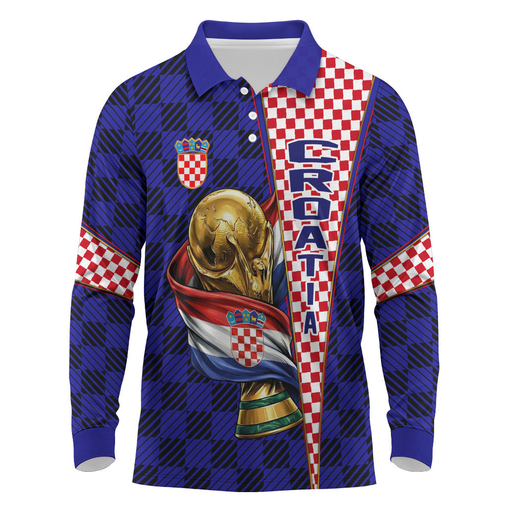 Personalized Croatia Football Long Sleeve Polo Shirt Checkerboard Graphic - Golden Champion Trophy And Flag