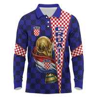 Personalized Croatia Football Long Sleeve Polo Shirt Checkerboard Graphic - Golden Champion Trophy And Flag