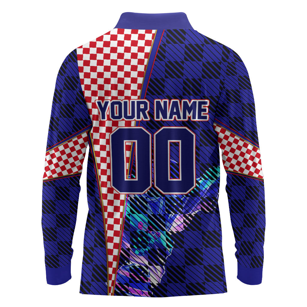 Personalized Croatia Football Long Sleeve Polo Shirt Checkerboard Graphic - Golden Champion Trophy And Flag