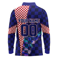 Personalized Croatia Football Long Sleeve Polo Shirt Checkerboard Graphic - Golden Champion Trophy And Flag