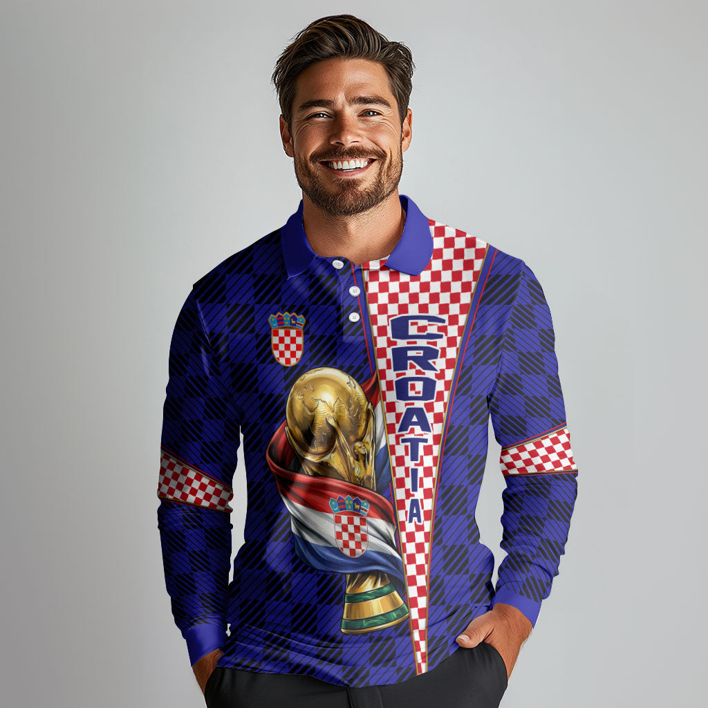 Personalized Croatia Football Long Sleeve Polo Shirt Checkerboard Graphic - Golden Champion Trophy And Flag