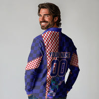 Personalized Croatia Football Long Sleeve Polo Shirt Checkerboard Graphic - Golden Champion Trophy And Flag