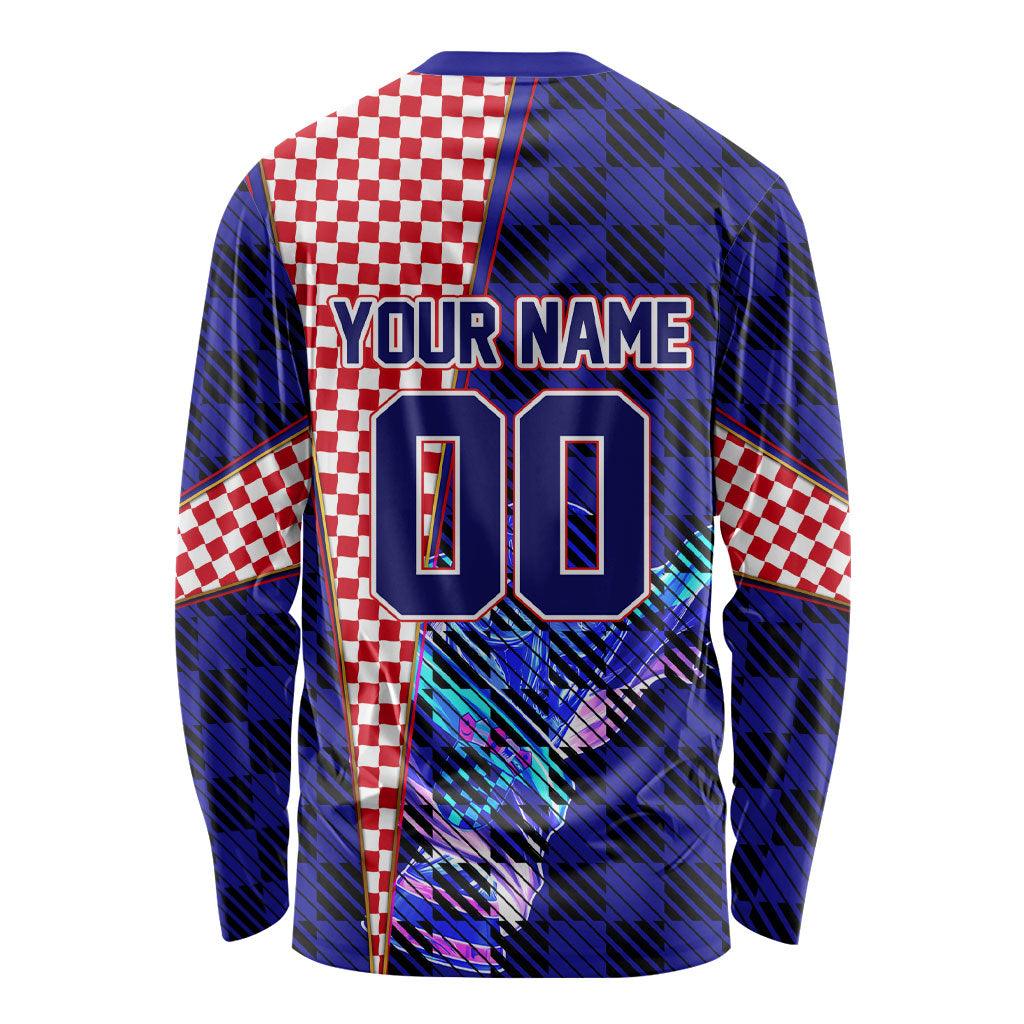 Personalized Croatia Football Long Sleeve Shirt Checkerboard Graphic - Golden Champion Trophy And Flag