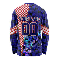 Personalized Croatia Football Long Sleeve Shirt Checkerboard Graphic - Golden Champion Trophy And Flag