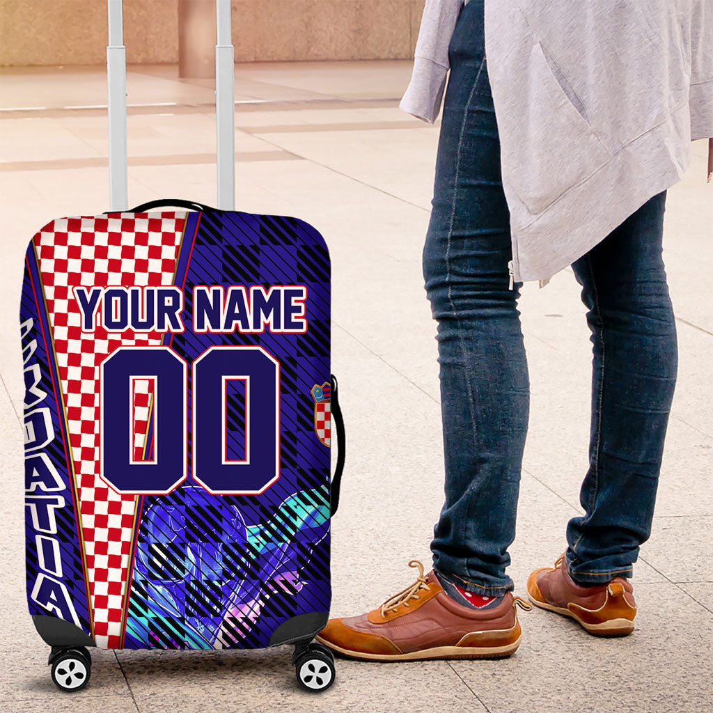 Personalized Croatia Football Luggage Cover Checkerboard Graphic - Golden Champion Trophy And Flag