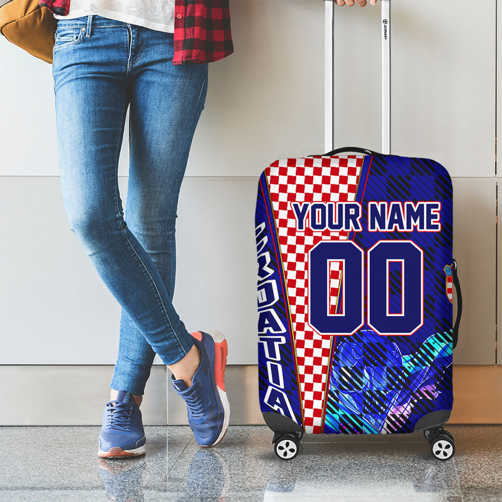Personalized Croatia Football Luggage Cover Checkerboard Graphic - Golden Champion Trophy And Flag