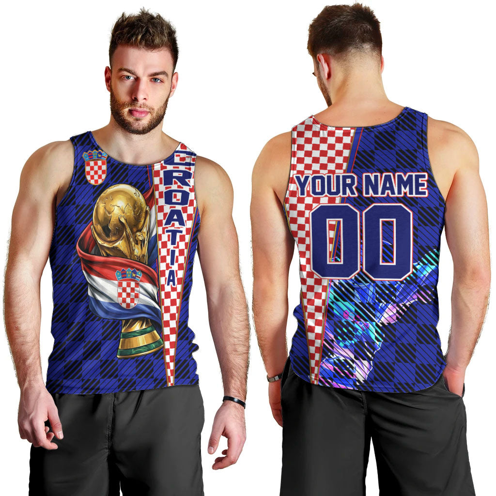 Personalized Croatia Football Men Tank Top Checkerboard Graphic - Golden Champion Trophy And Flag