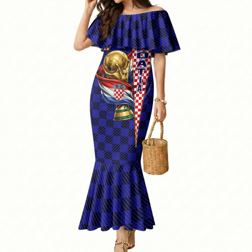 Personalized Croatia Football Mermaid Dress Checkerboard Graphic - Golden Champion Trophy And Flag