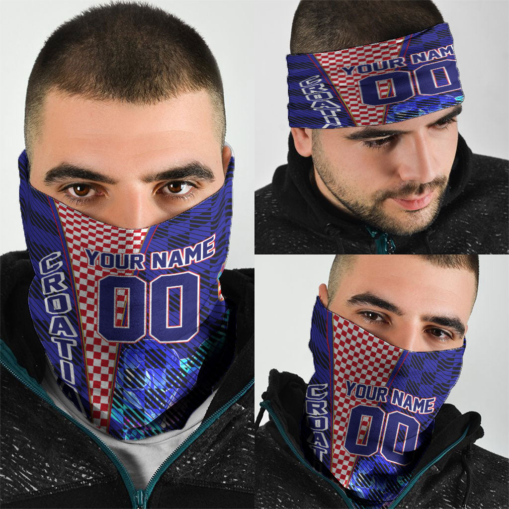 Personalized Croatia Football Neck Gaiter Checkerboard Graphic - Golden Champion Trophy And Flag