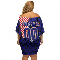 Personalized Croatia Football Off Shoulder Short Dress Checkerboard Graphic - Golden Champion Trophy And Flag