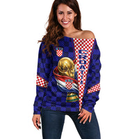Personalized Croatia Football Off Shoulder Sweater Checkerboard Graphic - Golden Champion Trophy And Flag